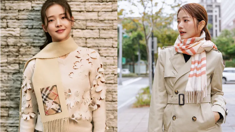 林廷憶（左）、許路兒（右）配戴BURBERRY喀什米爾圍巾。品牌提供