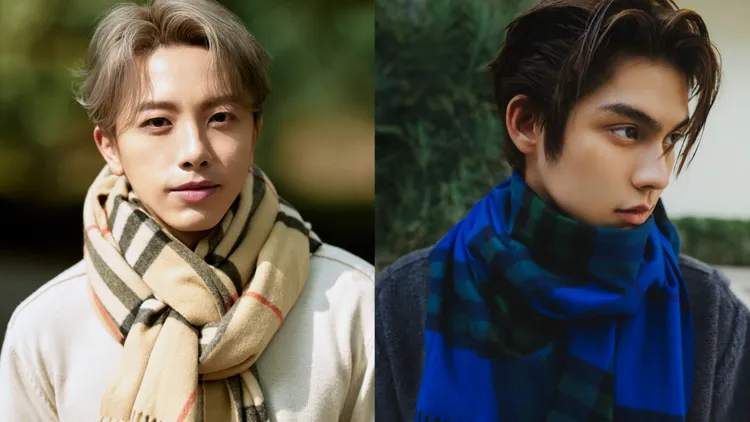 坤達（左）、泰星Bright Vachirawit（右）配戴BURBERRY喀什米爾圍巾。品牌提供