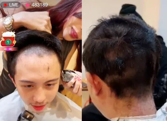 4個美女輪流上場替孫安佐剃頭。翻攝17LIVE