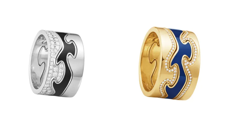 喬治傑生FUSION系列 18K,白金,鑽石HYCERAM黑陶瓷三件式戒指（左）23萬3000元起、18K黃金,鑽石,藍陶瓷三件式戒指（右）22萬2900元起。品牌提供  