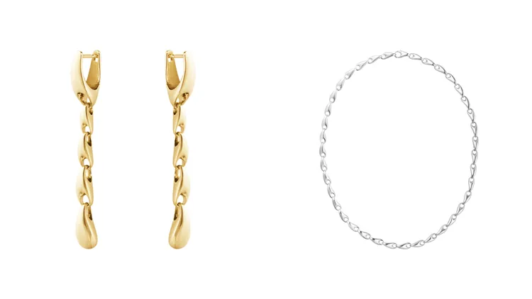 喬治傑生REFLECT系列 18K黃金垂墜式長耳環（左）10萬元、純銀鍊節項鍊60CM（右）4萬1000元。品牌提供