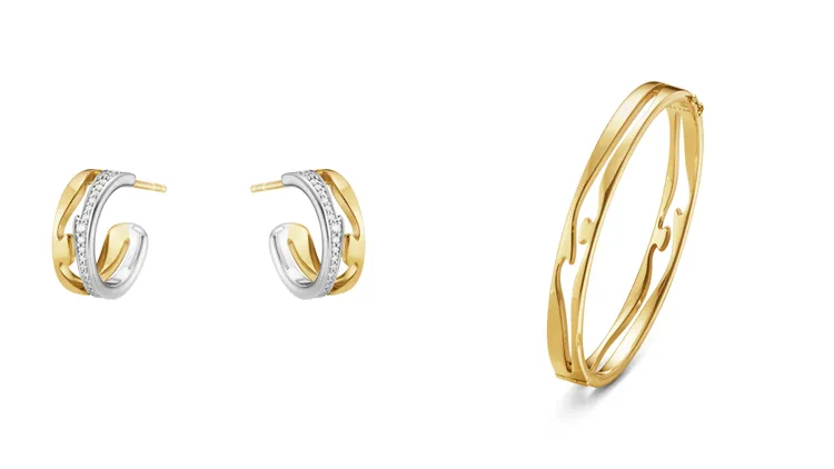 喬治傑生FUSION系列 18K白金,18K黃金,鑽石耳環（左）8萬2800元、18K黃金 鏤空手鐲（右）28萬3500元。品牌提供