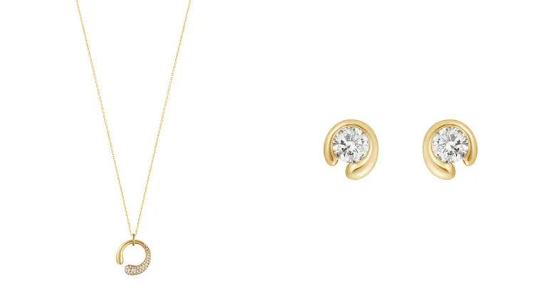 喬治傑生MERCY系列 18K黃金,鑽石項鍊（左）9萬4500、18K黃金, 鑽石耳環（右）5萬1900元。品牌提供