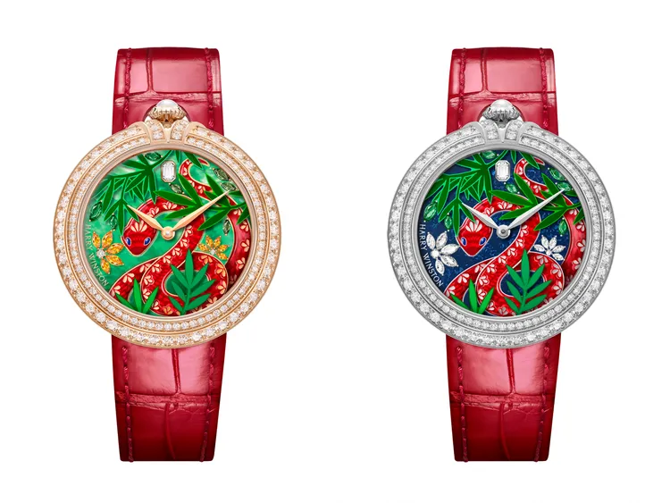 海瑞溫斯頓2025蛇年生肖腕錶，36mm，18K白金/18K玫瑰金錶殼，珍珠母貝錶盤，紅色鱷魚皮錶帶，HW2010自動上鍊機芯，動力儲存40小時，防水深度30米，各限量8只，價格店洽。品牌提供