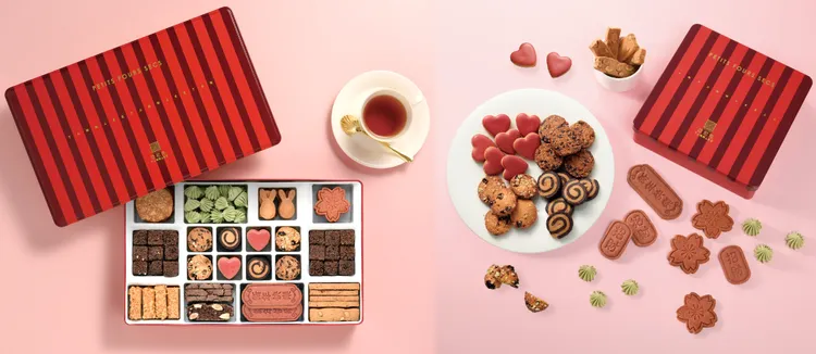 亞尼克一口餅乾綜合禮盒，集合各式手工餅乾與祝福，新年快樂售價1290元(左)，招財售價650元。業者提供