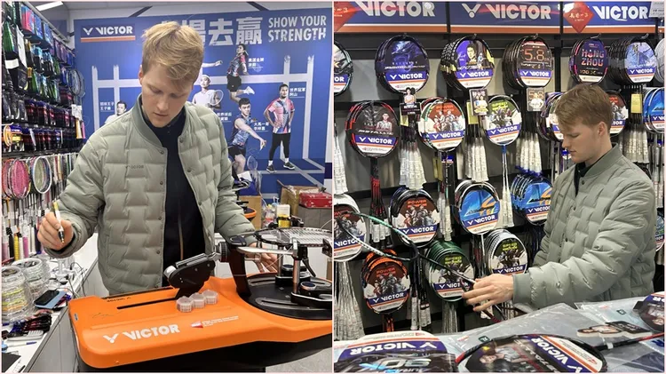 安童森體驗球拍穿線。翻攝自VICTOR 勝利體育臉書