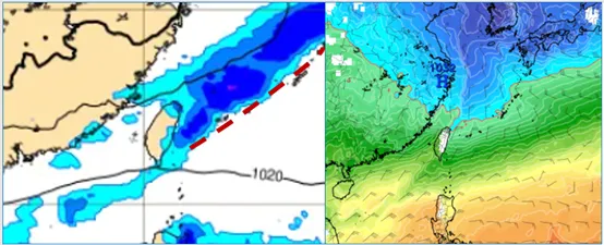 左圖：最新(25日20時)歐洲模式(ECMWF)、今(26)日8時地面模擬圖顯示，鋒面掠過，北部、東半部有局部降雨。
右圖：最新歐洲模式、週六(28日)20時模擬圖顯示，850百帕零度(紅)線觸及北部陸地。氣象應用推廣基金會
