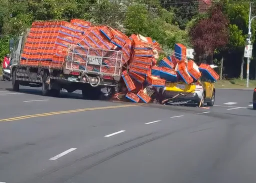 南投大貨車彎道失控左右急轉 大批雞籠甩飛!無辜小黃遭雞壓