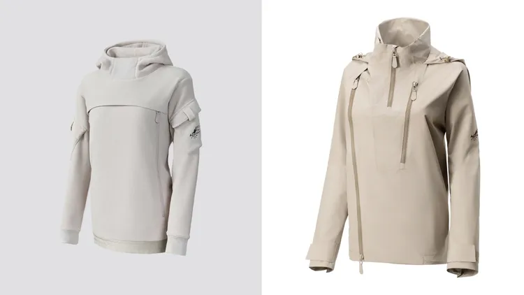 ECCO x White Mountaineering女士連帽上衣（左）8800元、Goretex 2層騎行外套（右）2萬1800元。品牌提供