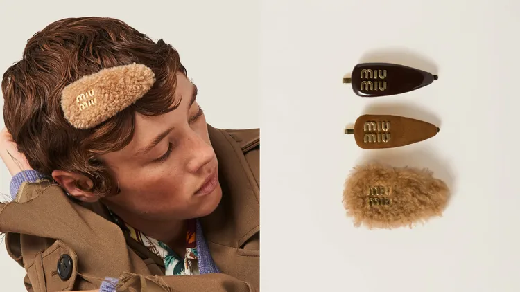 Miu Miu皮革、麂皮及羊毛髮夾套裝，2萬9500元。品牌提供