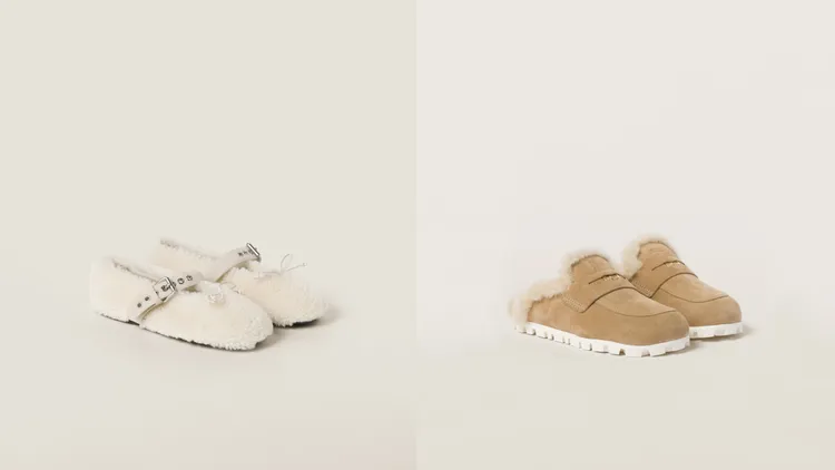 Miu Miu羊毛芭蕾舞平底鞋（左）3萬8000元、麂皮便鞋（右）3萬6500元。品牌提供