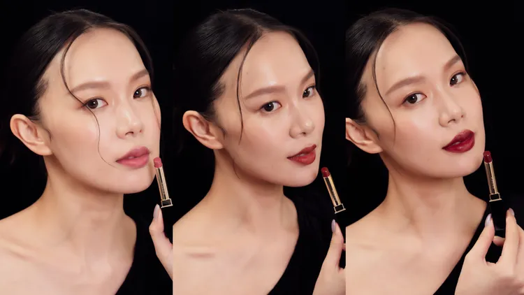 Model示範晶采絲絨唇膏（左起）#06、#08、#10。品牌提供