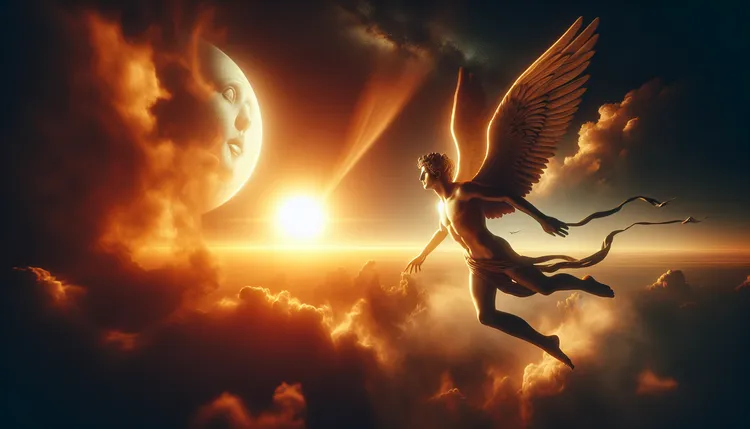 希臘神話中伊卡洛斯飛向太陽。AI生成示意圖