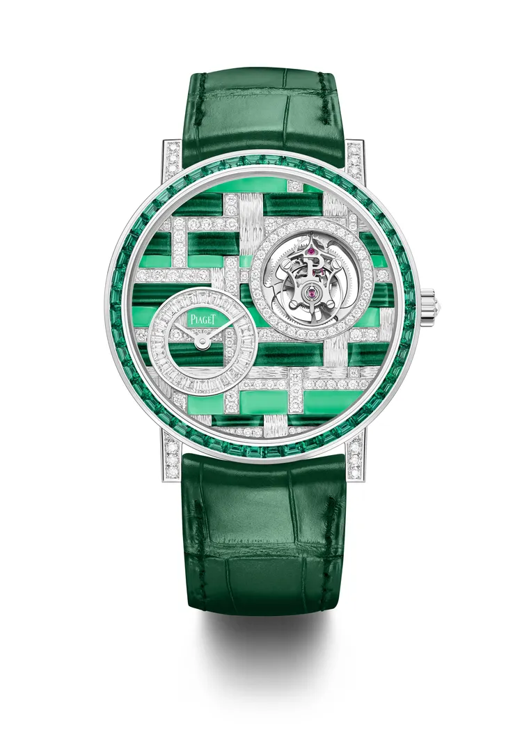 Altiplano 系列 18K 白金祖母綠鑽石超薄陀飛輪腕錶，1370萬元。品牌提供