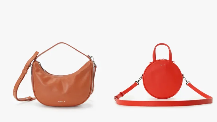 agnès b.小號皮革彎月包（左）9980元、小號圓形兩用包（右）8980元。品牌提供