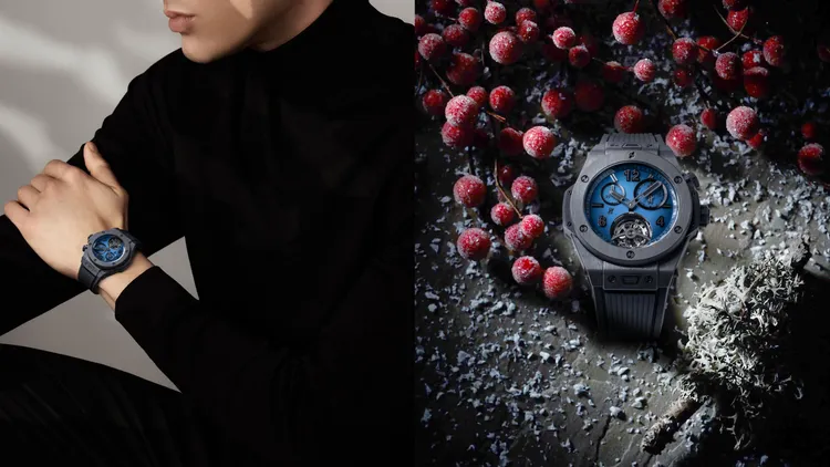 HUBLOT Big Bang大教堂三問陀飛輪計時碼錶，45mm，直紋輕量碳纖維錶殼，漸層藍錶盤，黑色立體橡膠錶帶，HUB 8810手上鍊三問報時陀飛輪計時機芯，動力儲存85小時，防水深度30米，全球限量5只 ，950萬6000元。品牌提供