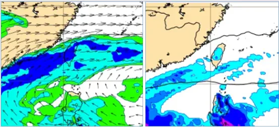 最新(30日20時)歐洲模式(ECMWF)，1日20時700百帕相對濕度及風場模擬圖(左圖)顯示，南方中層水氣北移，遮蔽台灣上空。最新歐洲模式，1日20時地面模擬圖(右圖)顯示，元旦白天、山區及東半部偶有局部短暫雨，西半部平地零星飄雨的機率逐漸提高。氣象應用推廣基金會