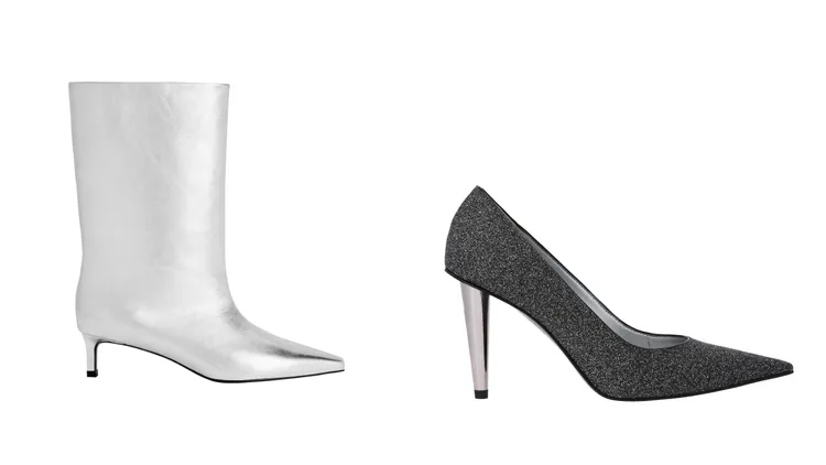 小貓跟寬筒靴（左）2790元、金蔥尖頭高跟鞋（右）2190元。品牌提供