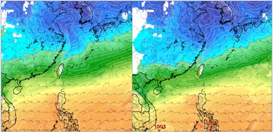 最新(10日20時)歐洲模式(ECMWF)，下週(15)日2時模擬圖顯示，850百帕零度(紅)線，在北部近海(左圖)。最新美國模式(GFS)，15日2時模擬圖則顯示，850百帕零度(紅)線，非常接近北部陸地(右圖)。氣象應用推廣基金會


