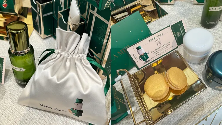 客製寵愛束口袋（左）、LA MER聯名茶香馬卡龍。張家玲攝