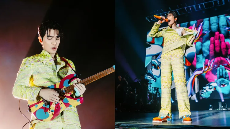 蕭敬騰在世界巡迴演唱會美國聖荷西站身著夏姿打造的螢光綠緞帶毛呢套裝。品牌提供