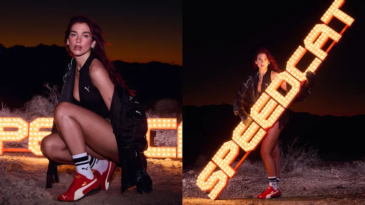 Dua Lipa腳踩紅色SPEEDCAT打造出酷帥風辣妹穿搭。品牌提供