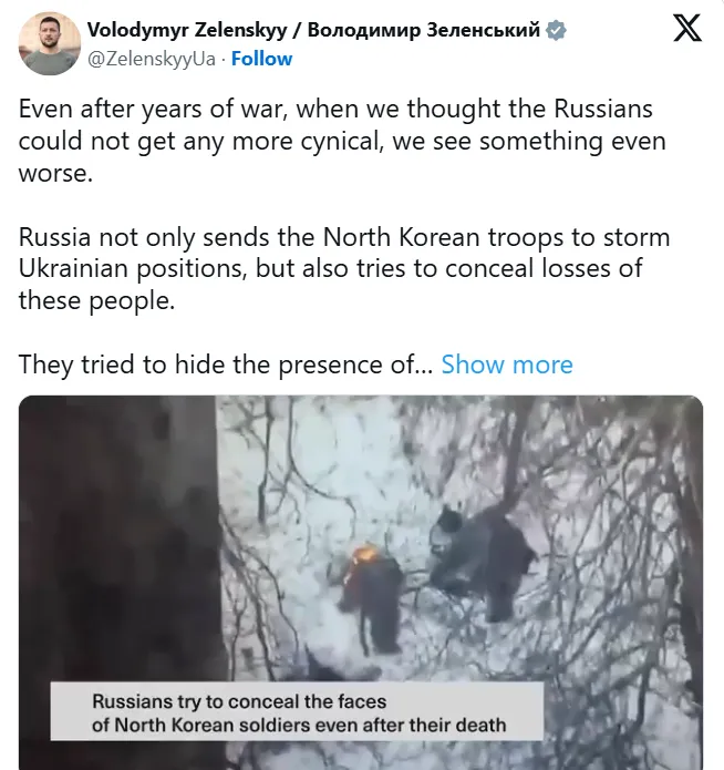 烏克蘭總統澤連斯基在社群平台發布俄軍火燒北韓士兵臉部的影片。翻攝X@Volodymyr Zelenskyy 