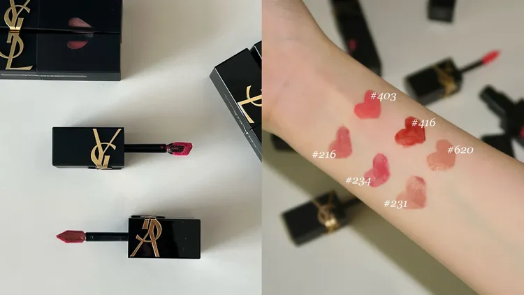 YSL奢華印記鎖吻霧唇釉7色手部試色。品牌提供