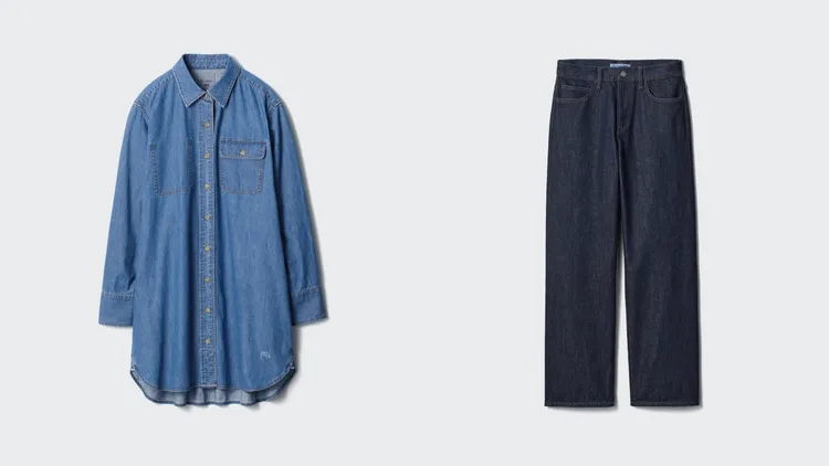 UNIQLO x JW ANDERSON牛仔襯衫式洋裝（左起）、直筒牛仔褲，各1290元。品牌提供