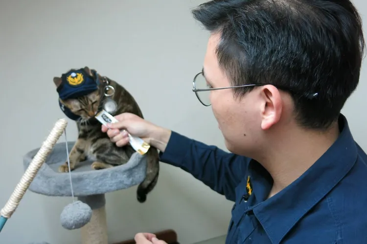 景福派出所警員李承翰去年與乖乖結下緣份後，就跟同仁一起照顧牠。警方提供