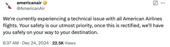 美國航空緊急宣布暫停今日所有航班。