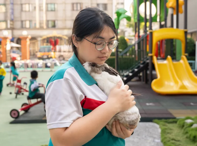 幼兒園老師沈怡君帶著她五年前接手救回的兔子「白鬍子教官」到學校當「助教」，教孩子尊重包容不同生命。翻攝畫面