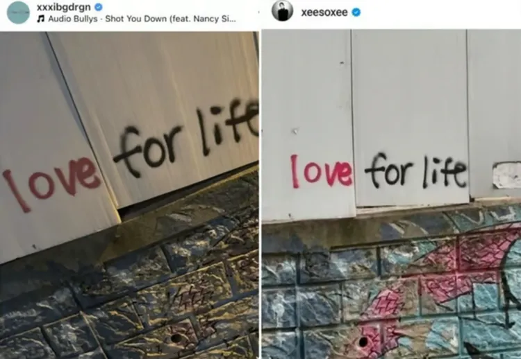 GD（左圖）、韓素希都PO出「love for life」塗鴉牆照片。翻攝IG
