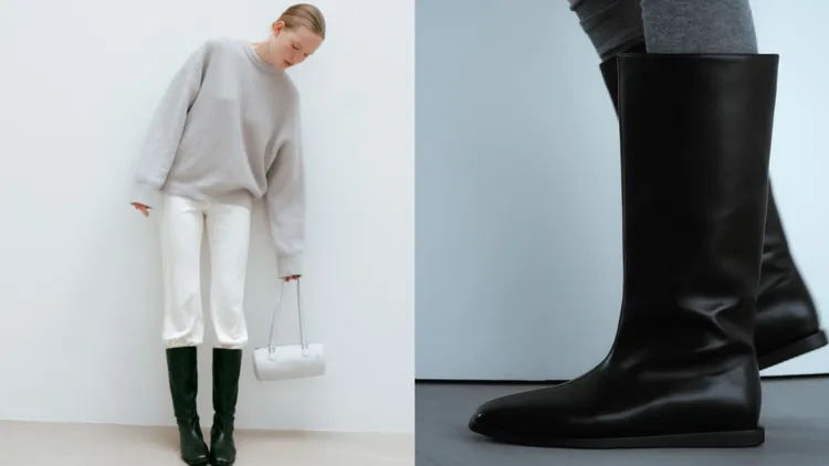 「真皮方頭直筒靴」正面窄、側面寬的設計能360度無死角修飾腿部線條。品牌提供