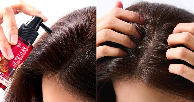 ▲ 賦黑小紅瓶「漢方賦黑 逆齡胜肽養髮液」，均勻噴在頭皮及髮根後按摩到吸收，免沖洗保養超方便。