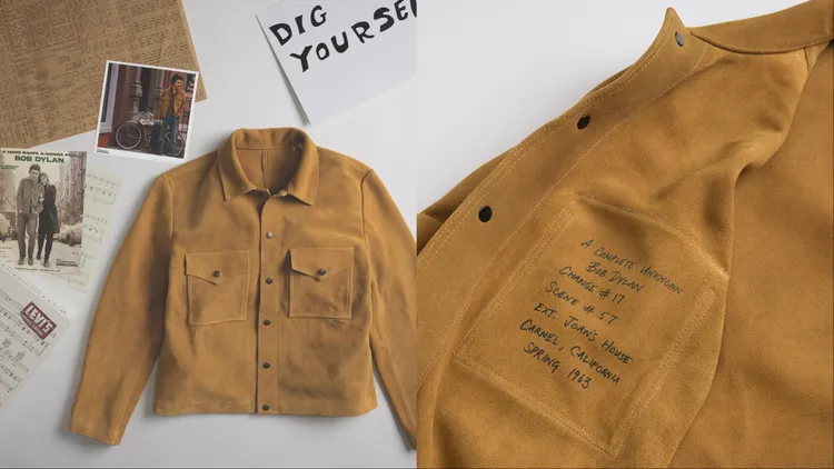 麂皮夾克內袋中記錄這件服裝來自電影《巴布狄倫：搖滾詩人》，並標註他在電影中的穿搭、換裝以及場景細節 。品牌提供