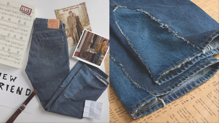 於丹寧褲加上拼接布料讓褲腳能夠覆蓋靴子，成為復刻系列的一大亮點。品牌提供