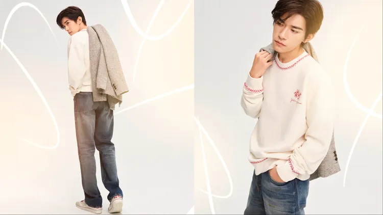 易烊千璽換上白色衛衣、牛仔褲搭配Golden Goose Ball Star鞋履。品牌提供