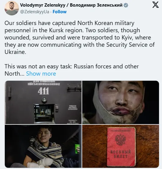 烏克蘭總統澤連斯基在社群平台公布活捉2名北韓戰俘。翻攝X@Volodymyr Zelenskyy