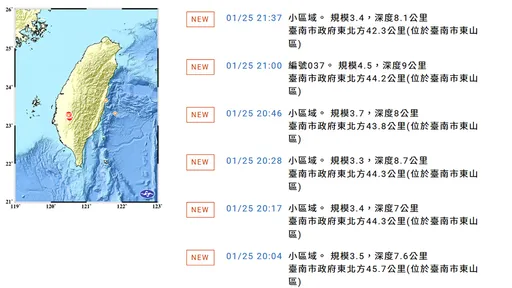 台南東山多起地震 初判為21日餘震