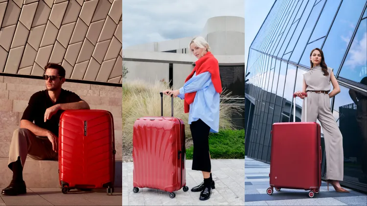 Samsonite旗下的ATTRIX（左起）、C-LITE、EVOA Z系列推出「新春三紅箱」。品牌提供