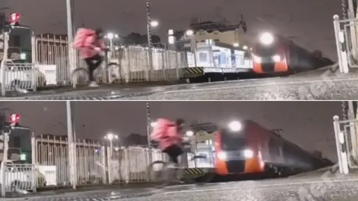玩命外送!他用腳踏車跟火車比速度 平交道上0.5秒生死交錯
