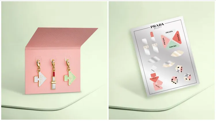 PRADA時尚吊飾（左）、精美貼紙（右）。品牌提供