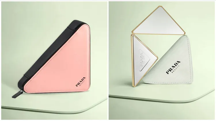PRADA三角標誌訂製收納皮革小包（左）與精品三角鏡（右）。品牌提供