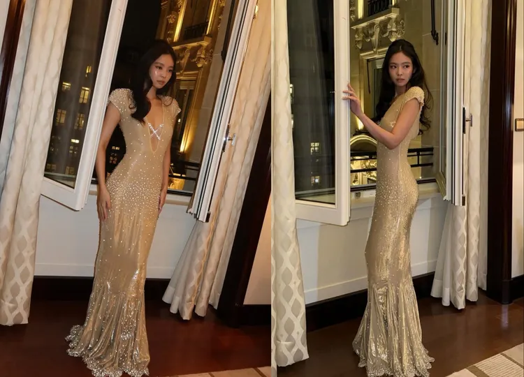 Jennie穿著Jean Paul Gaultier水鑽裸色洋裝。翻攝Jennie IG