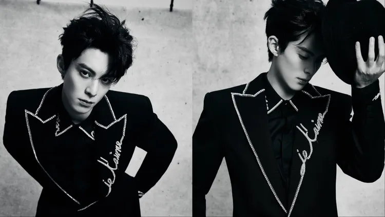 王鶴棣身著BALMAIN手寫情書水鑽刺繡西裝套裝。品牌提供