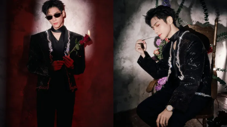 羅雲熙身著BALMAIN手寫情書水鑽刺繡亮片短版西裝。品牌提供