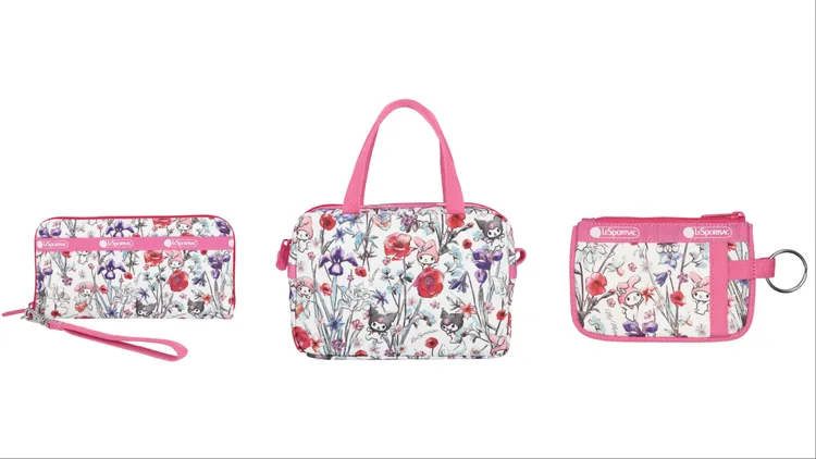 「花園粉」腕帶錢包（左起）4500元、小手提包1950元、卡片零錢包1800元。品牌提供