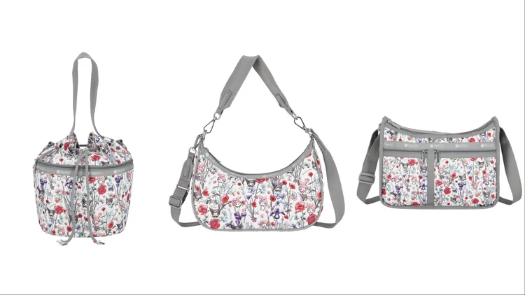 「花園灰」束口水桶包（左起）6500元、迷你兩用新月包6300元、奢華斜背包6800元。品牌提供