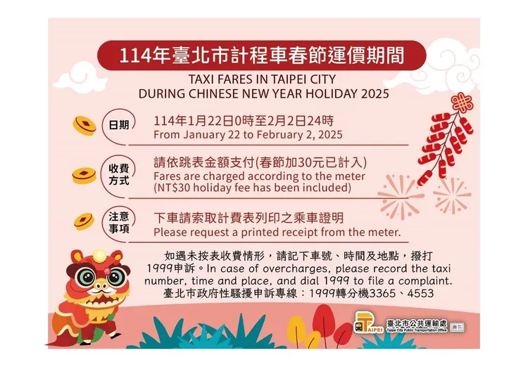 北市計程車春節12天每趟加收30元。北市交通局提供